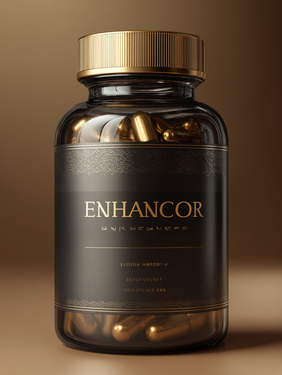 Enhancor természetes étrend-kiegészítő csomag semleges háttéren, prémium minőségű kapszulák dobozában